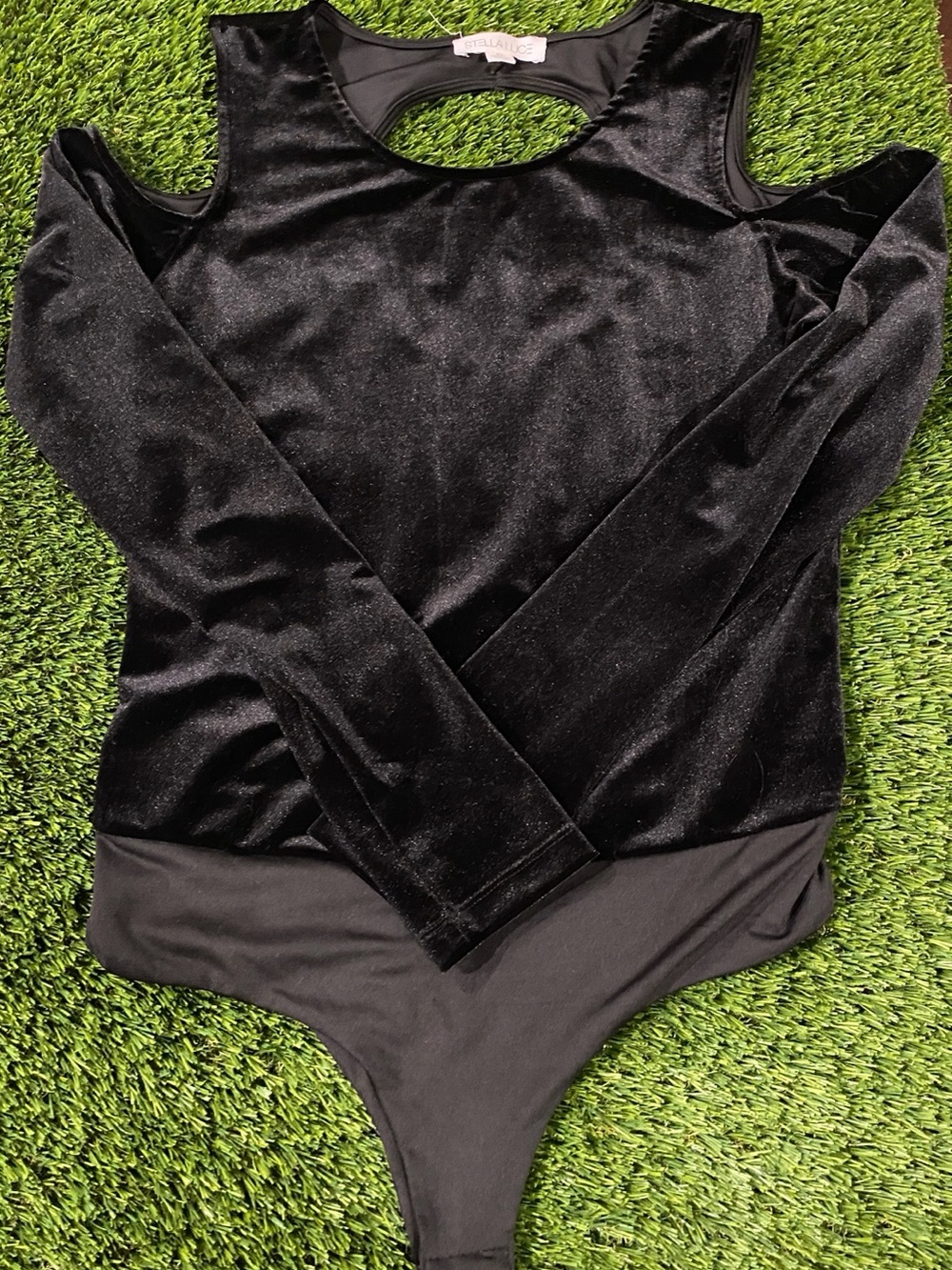 Stella Luce Women's Black Velvet One Piece Bodysuit Long Sleeve Snap Crotch XL